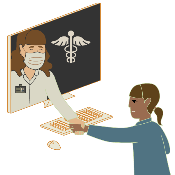 patient shaking hands of a doctor through a monitor 
