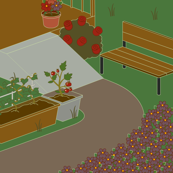 illustration of a garden with a bench, ramp to a path lined with planters and flowers